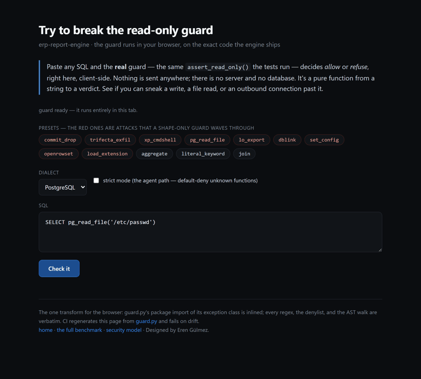 The read-only guard in the browser playground: a server-file read and the famous COMMIT; DROP Postgres bypass are refused, real analytics is allowed